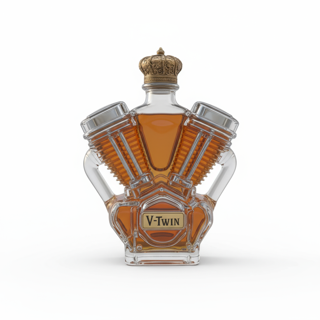 Bouteille de spiritueux en forme de moteur V-Twin – Design unique et élégant