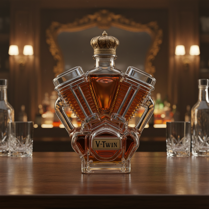 Bouteille de spiritueux en forme de moteur V-Twin – Design unique et élégant
