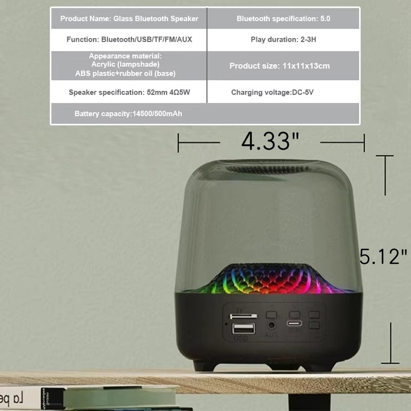 Nouveau haut-parleur Bluetooth en verre transparent avec basses puissantes - Enceinte sans fil avec carte TF, FM, AUX et lumière LED.
