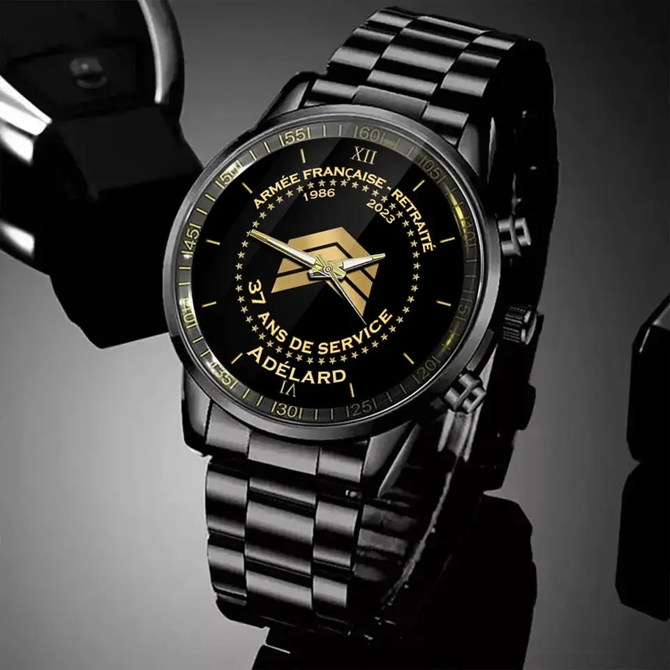 Montre personnalisée pour retraités de l'armée française avec temps de service et nom imprimés