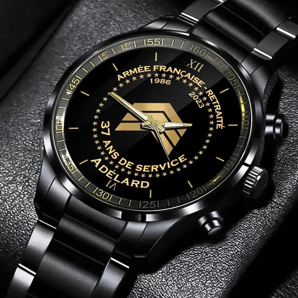 Montre personnalisée pour retraités de l'armée française avec temps de service et nom imprimés