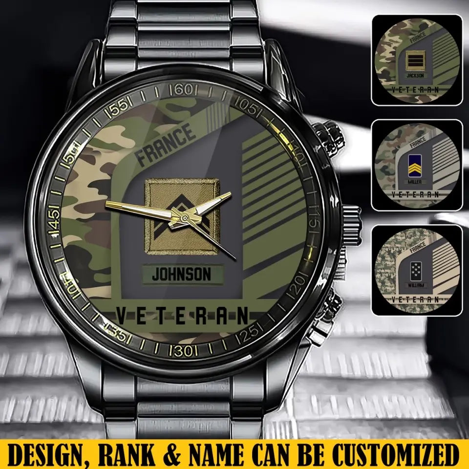 Montre personnalisée avec grade de vétéran français en camouflage et nom personnalisé