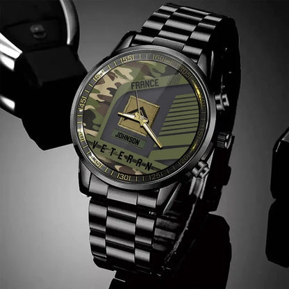 Montre personnalisée avec grade de vétéran français en camouflage et nom personnalisé