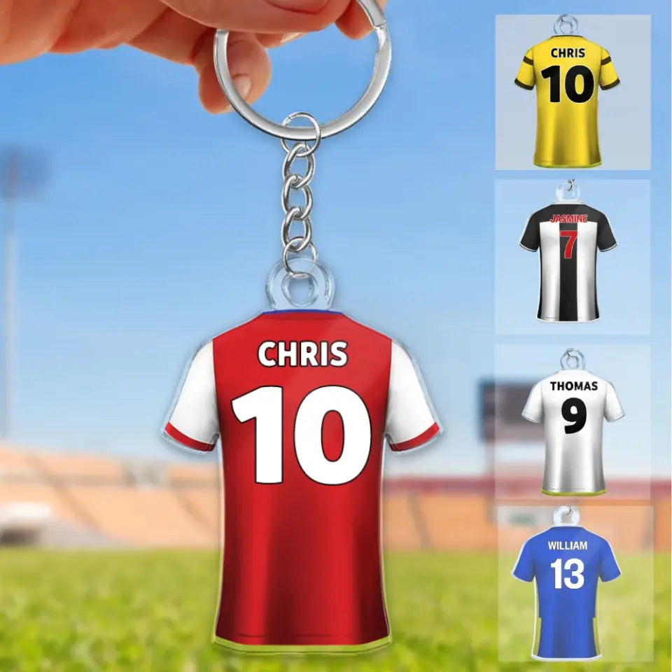 Porte-clés en acrylique de maillot de football avec numéro et nom