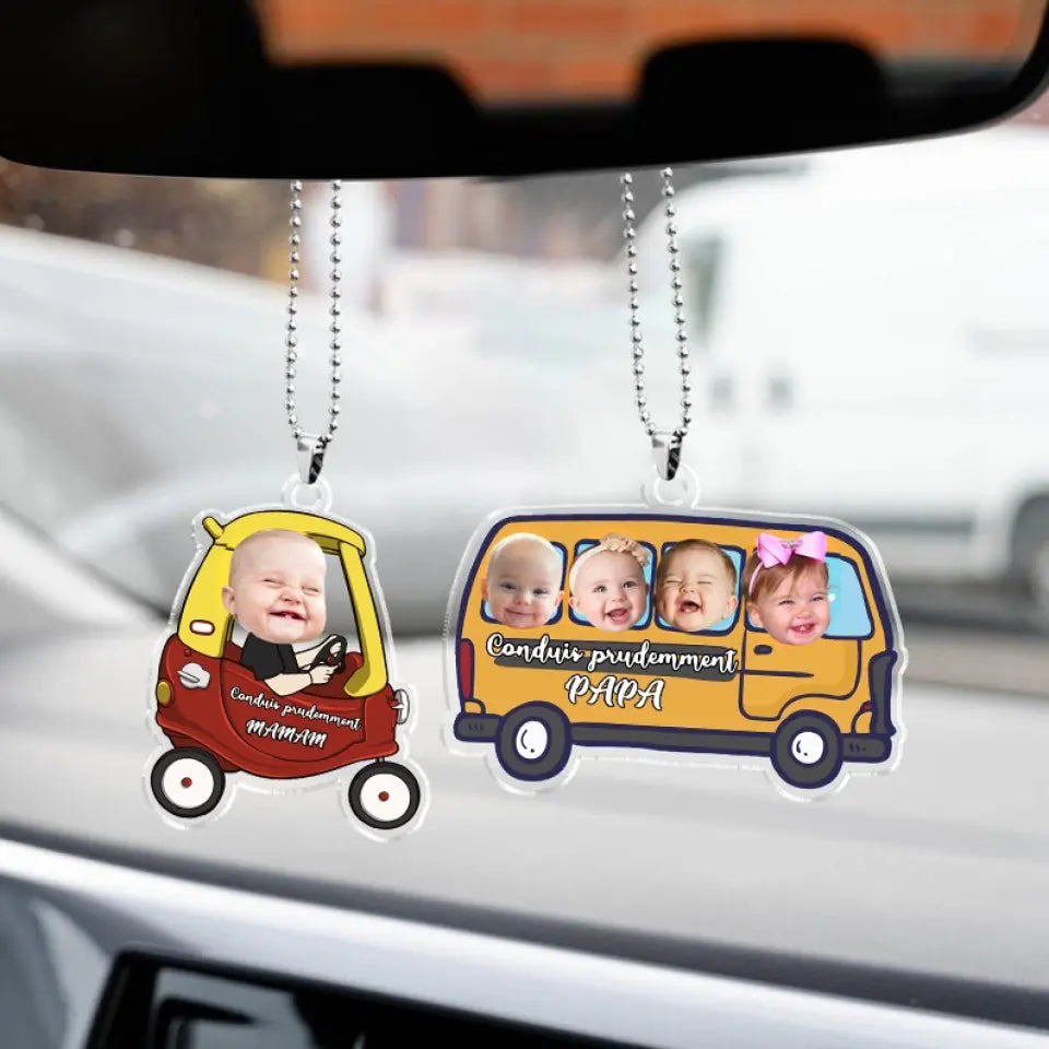 Ornement de voiture personnalisé - Photo de bébé suspendue personnalisée, accessoires de voiture, cadeau "Conduis prudemment" pour papa, maman et la famille.