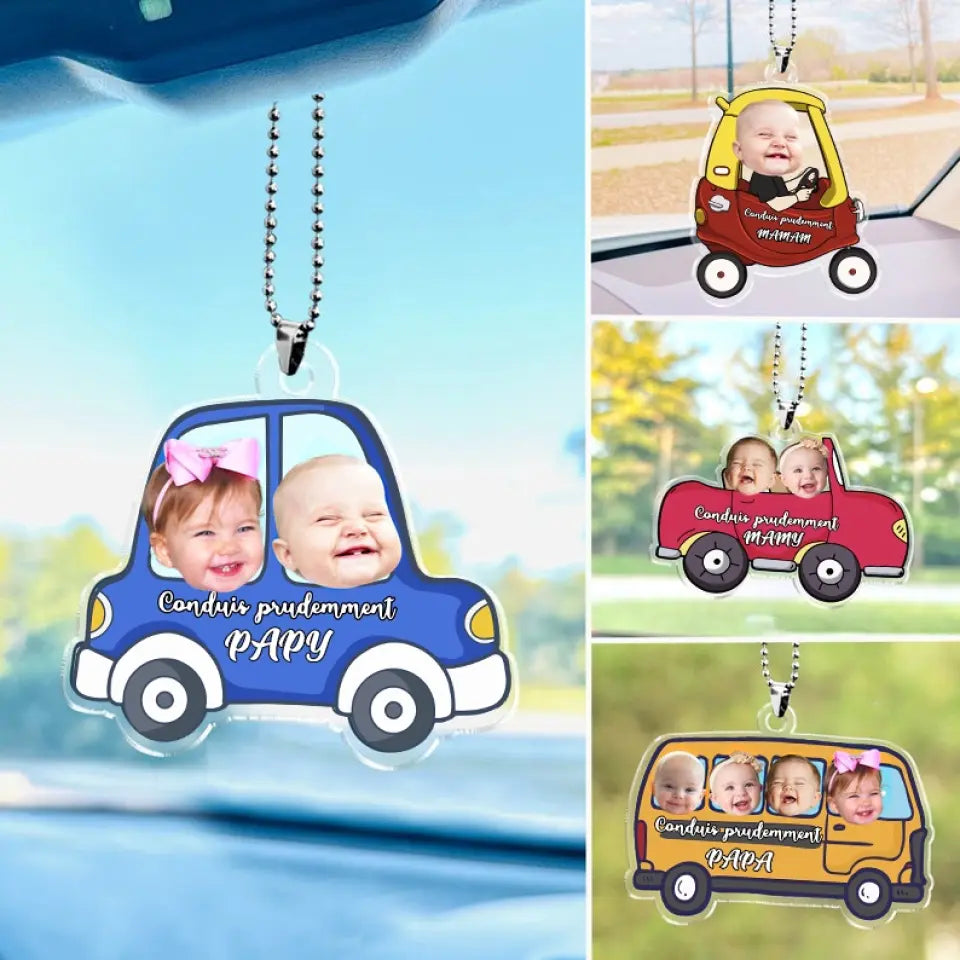 Ornement de voiture personnalisé - Photo de bébé suspendue personnalisée, accessoires de voiture, cadeau "Conduis prudemment" pour papa, maman et la famille.