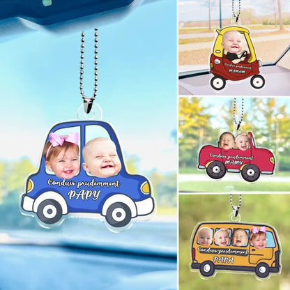 Ornement de voiture personnalisé - Photo de bébé suspendue personnalisée, accessoires de voiture, cadeau "Conduis prudemment" pour papa, maman et la famille.