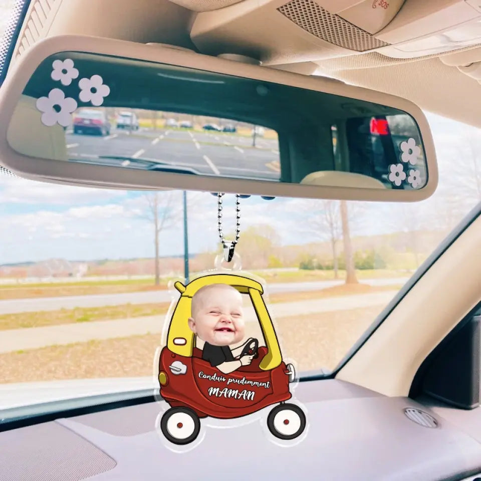 Ornement de voiture personnalisé - Photo de bébé suspendue personnalisée, accessoires de voiture, cadeau "Conduis prudemment" pour papa, maman et la famille.