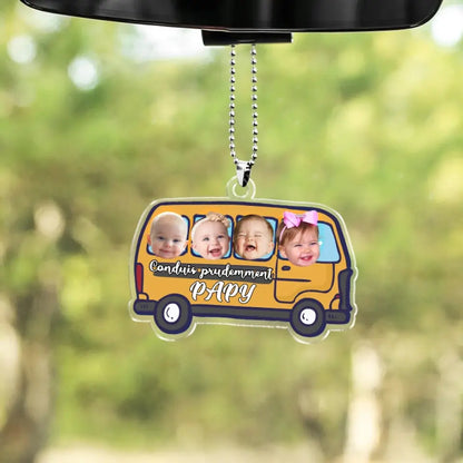 Ornement de voiture personnalisé - Photo de bébé suspendue personnalisée, accessoires de voiture, cadeau "Conduis prudemment" pour papa, maman et la famille.