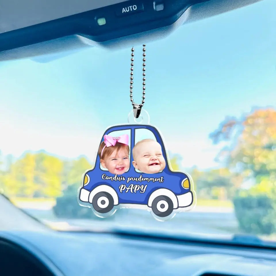 Ornement de voiture personnalisé - Photo de bébé suspendue personnalisée, accessoires de voiture, cadeau "Conduis prudemment" pour papa, maman et la famille.