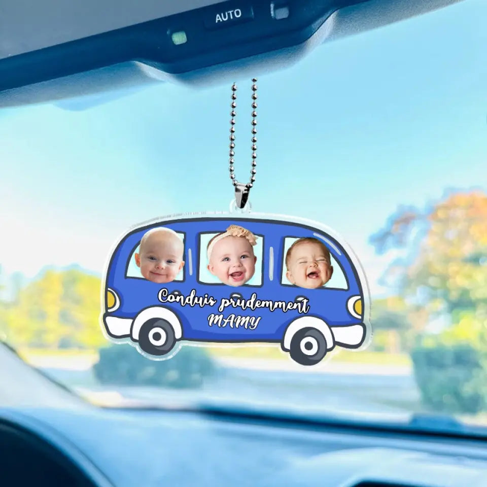 Ornement de voiture personnalisé - Photo de bébé suspendue personnalisée, accessoires de voiture, cadeau "Conduis prudemment" pour papa, maman et la famille.