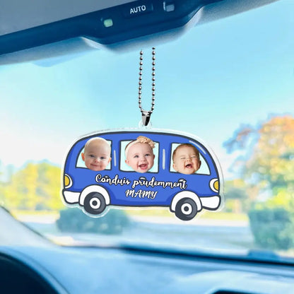 Ornement de voiture personnalisé - Photo de bébé suspendue personnalisée, accessoires de voiture, cadeau "Conduis prudemment" pour papa, maman et la famille.