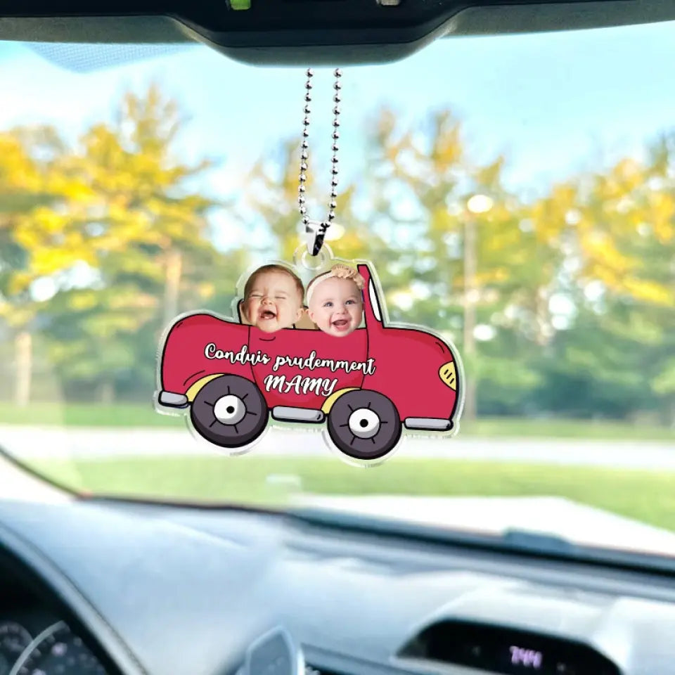 Ornement de voiture personnalisé - Photo de bébé suspendue personnalisée, accessoires de voiture, cadeau "Conduis prudemment" pour papa, maman et la famille.