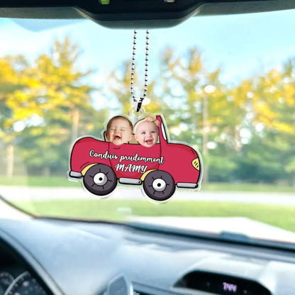Ornement de voiture personnalisé - Photo de bébé suspendue personnalisée, accessoires de voiture, cadeau "Conduis prudemment" pour papa, maman et la famille.