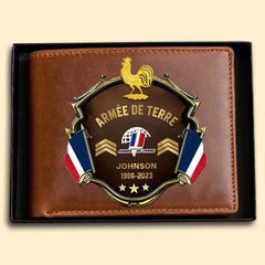 Portefeuille en cuir personnalisé pour vétéran de l'armée française avec grade en or, nom et date