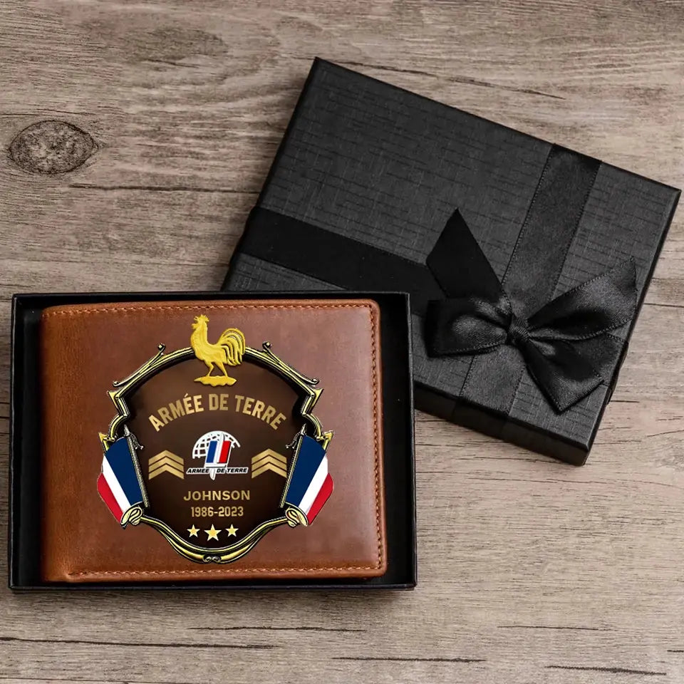Portefeuille en cuir personnalisé pour vétéran de l'armée française avec grade en or, nom et date