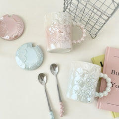 🌸 Mug en céramique Ins avec couvercle et cuillère - Idéal pour les moments de partage et les cadeaux 🎁