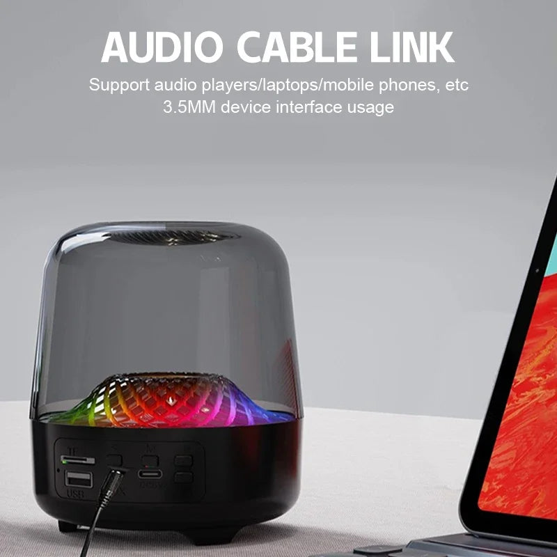 Nouveau haut-parleur Bluetooth en verre transparent avec basses puissantes - Enceinte sans fil avec carte TF, FM, AUX et lumière LED.