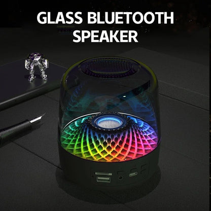Nouveau haut-parleur Bluetooth en verre transparent avec basses puissantes - Enceinte sans fil avec carte TF, FM, AUX et lumière LED.