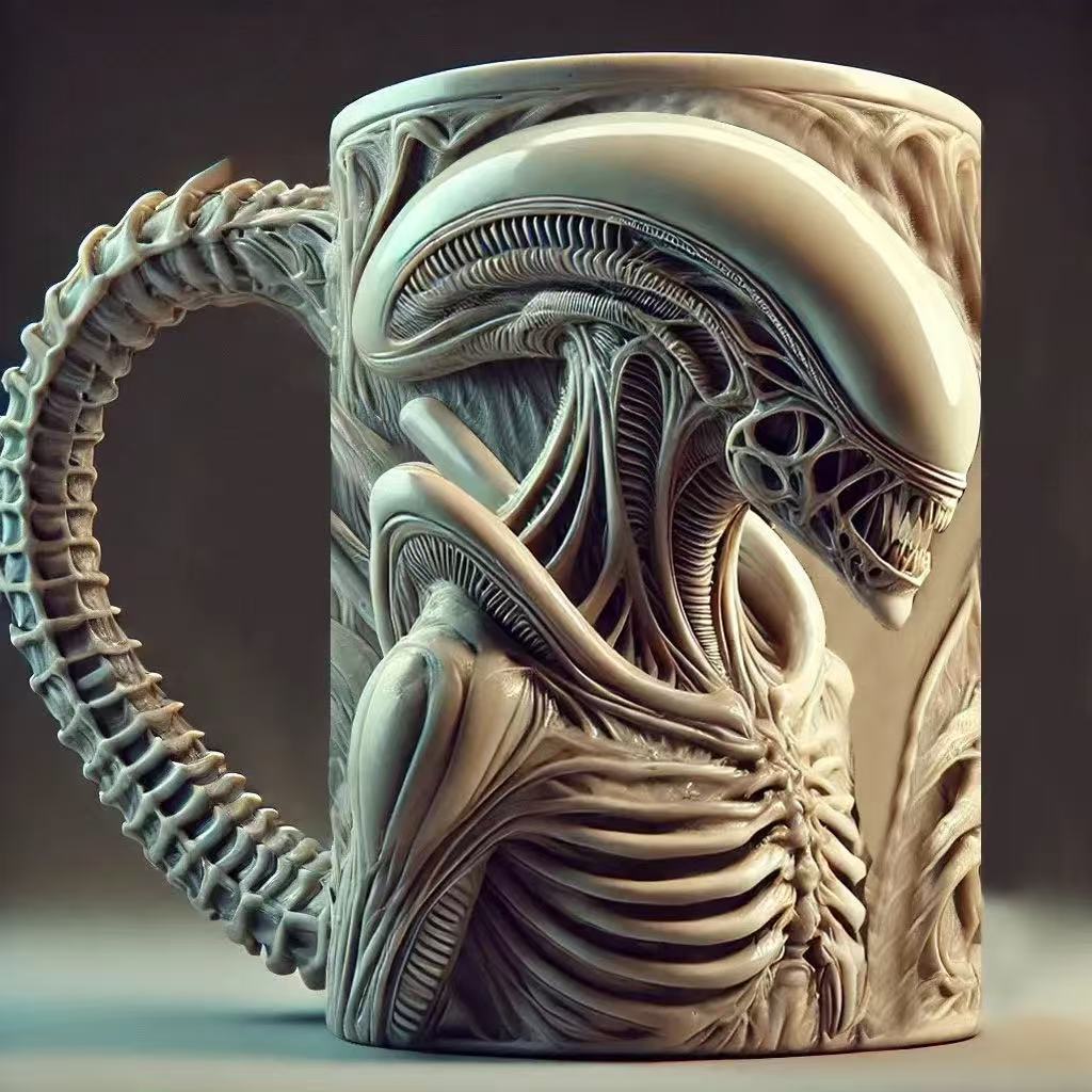 Tasse à Café Alien – Mug en Céramique 3D avec Détails en Relief et Impression à Chaud – Parfaite pour les Fans de Sci-Fi ✨🛸