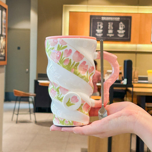 Mug Céramique Tulipe 520ml avec Couvercle – Idéal pour les Cadeaux d'Anniversaire pour Filles et Amies