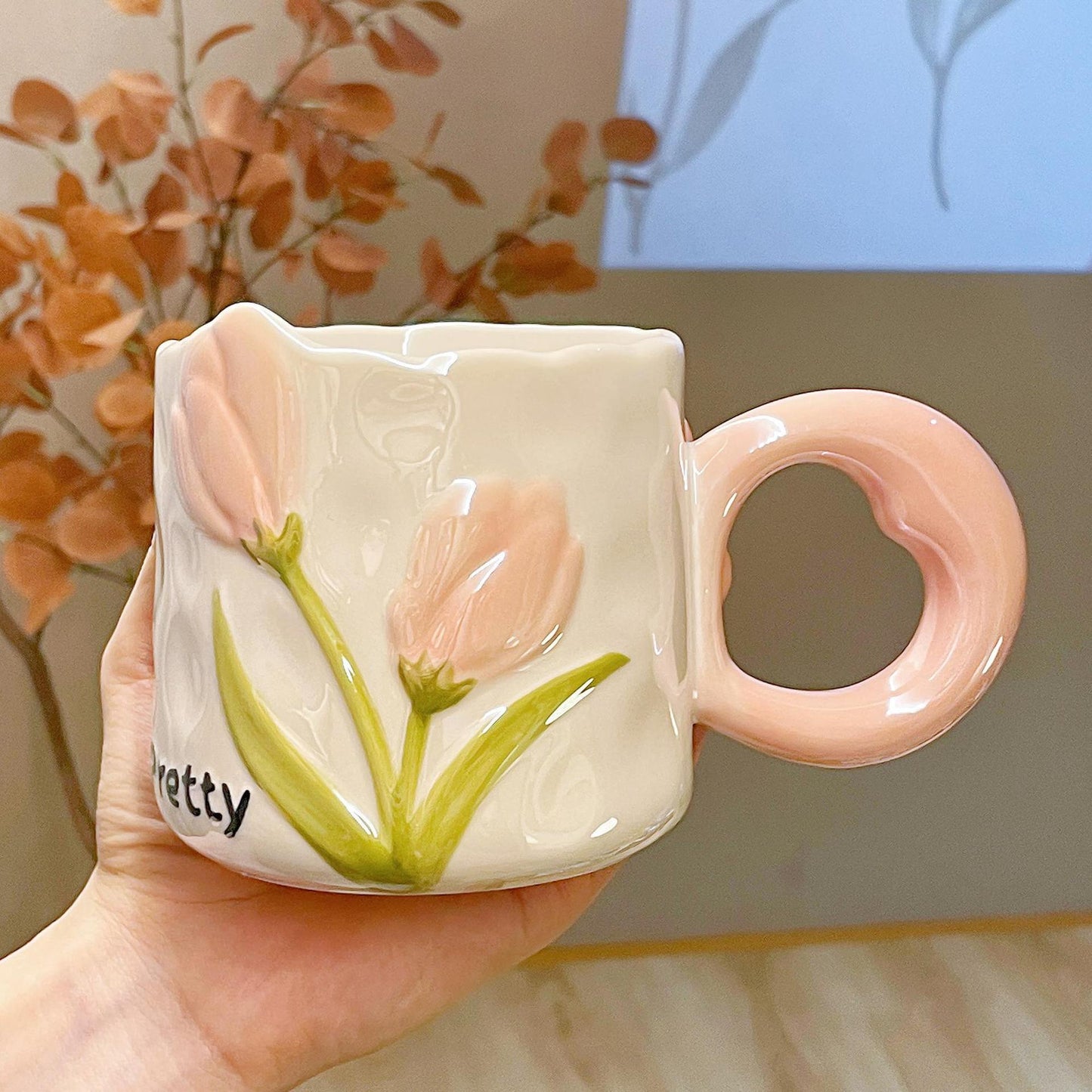 Mug en Céramique avec Motif de Tulipe en Relief – Cadeau Élégant pour Filles, Amis et Parents