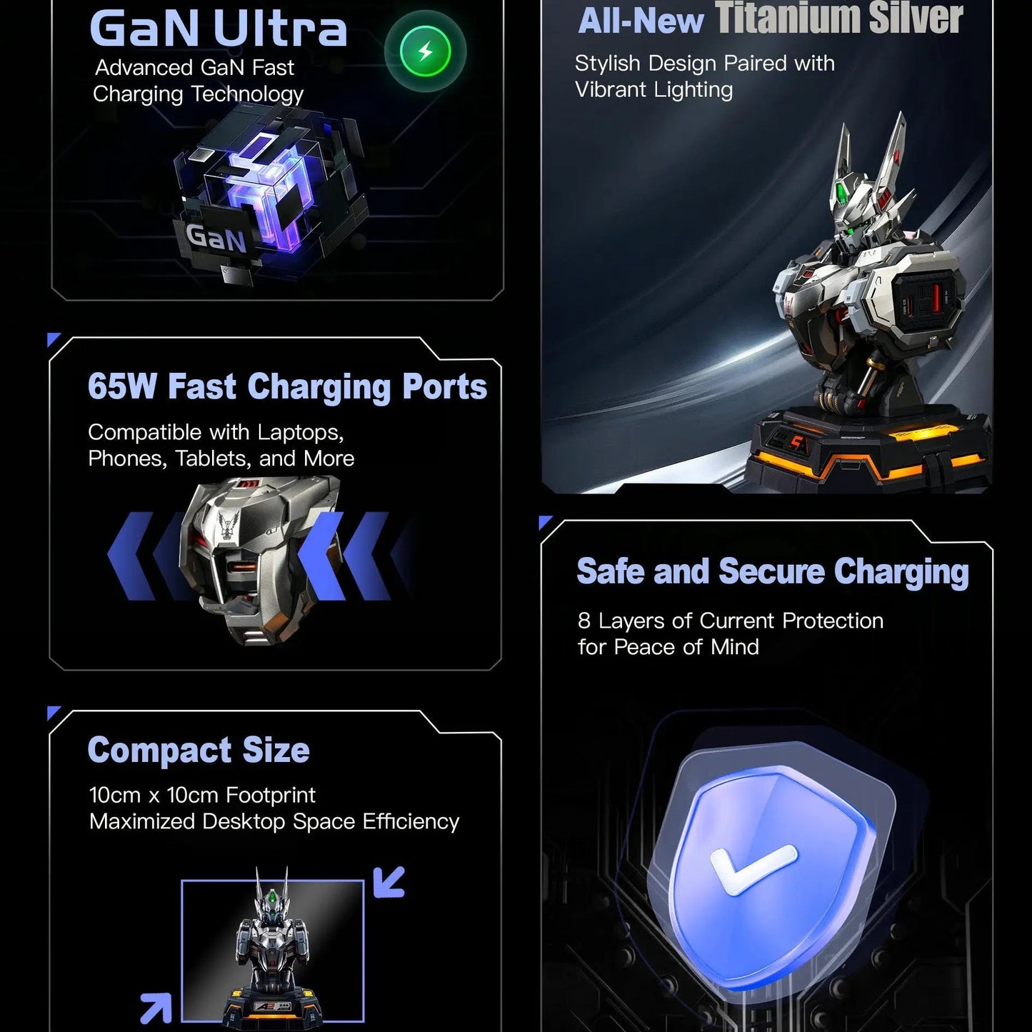 65W Fast Charge Wuchenghou Console: Titanium-Color Design with Universal Ports